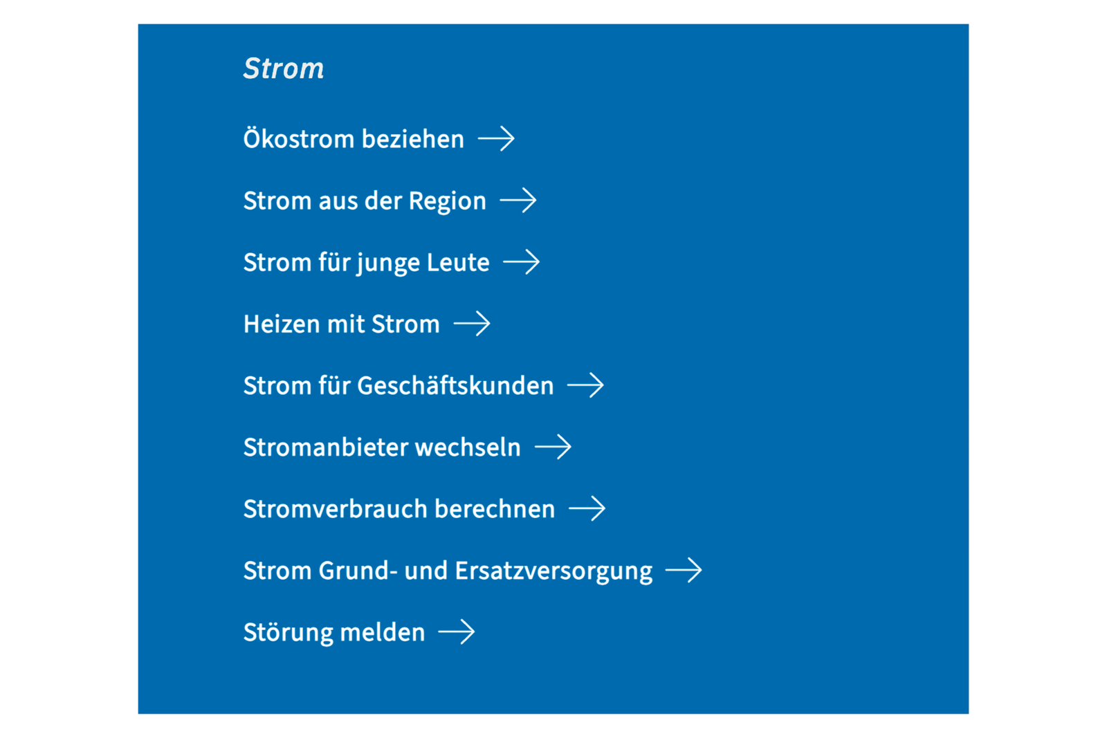 Navigationsmenü zum Thema Strom auf der AggerEnergie-Website.