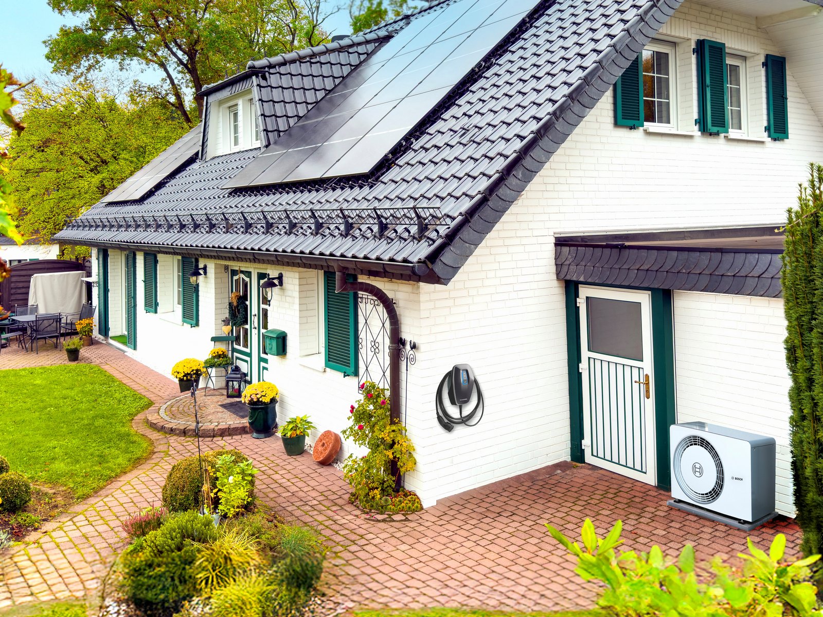 Haus mit PV-Anlage, Wallbox und Wärmepumpe