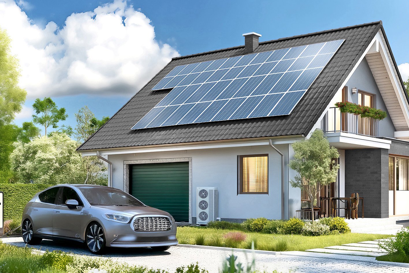 ein Haus mit einem E-Auto, einer Wallbox und einer Wärmepumpe