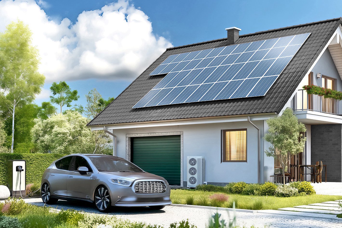 ein Haus mit einem E-Auto, einer Wallbox und einer Wärmepumpe